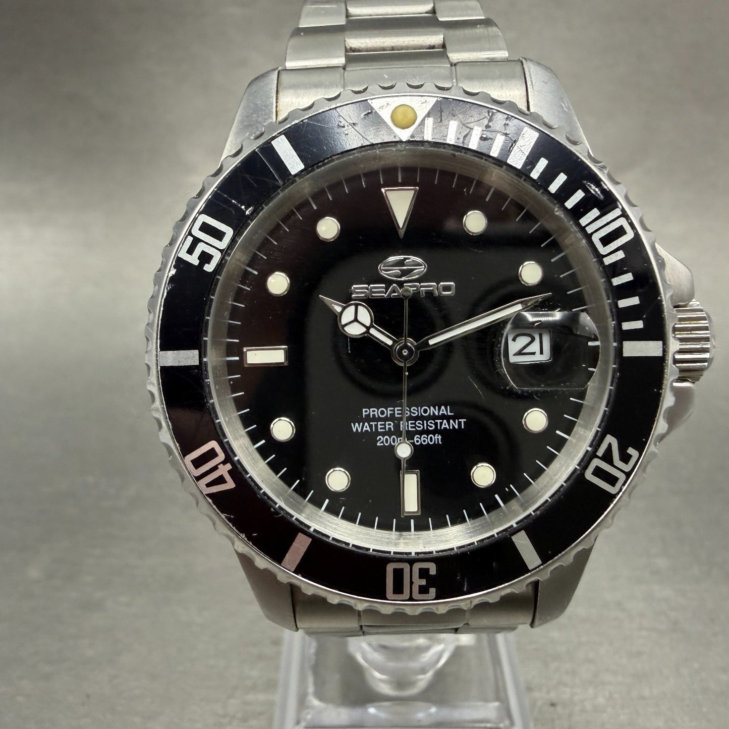 Seapro Dive Watch Men 40mm Black Dial Silver Tone Date Automatic Runs0