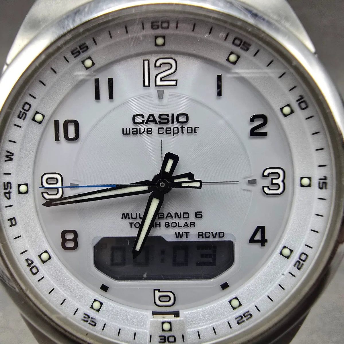 Casio Wave Ceptor Watch Men 42mm White Dial Steel Solar Analog Digital Works GTH1