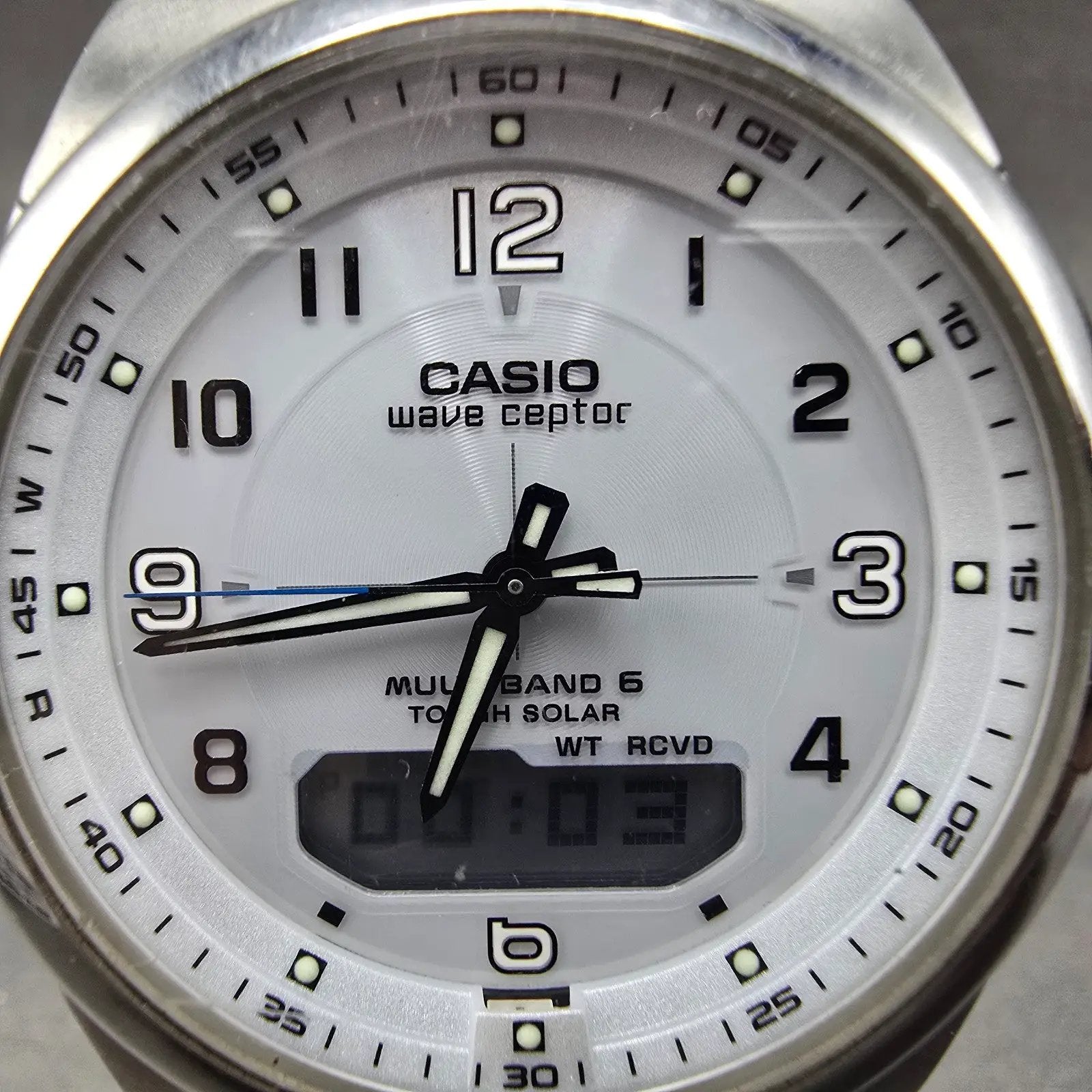 Casio Wave Ceptor Watch Men 42mm White Dial Steel Solar Analog Digital Works GTH1
