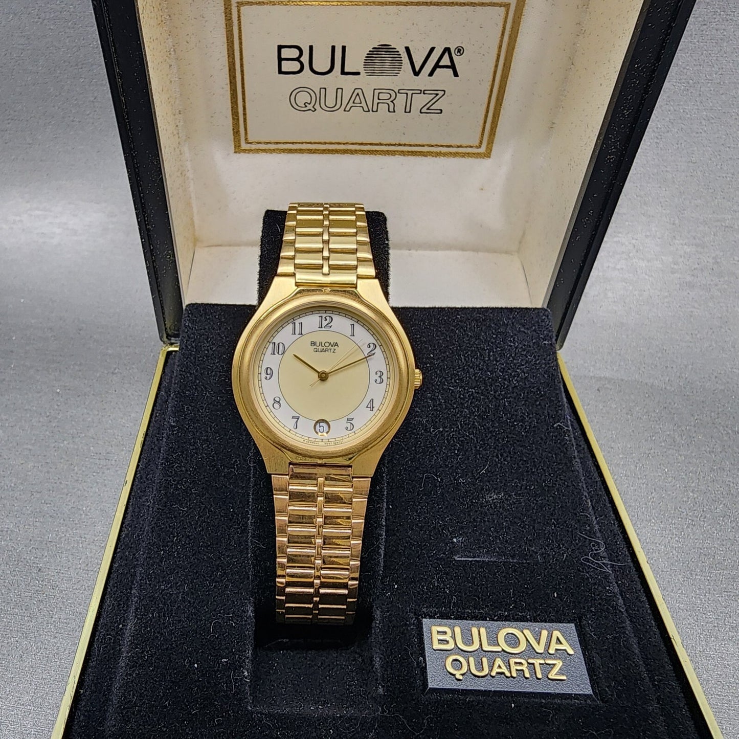 Bulova Watch Men 32mm White Dial Gold Tone Date Round 92B72 New Batt NOS0