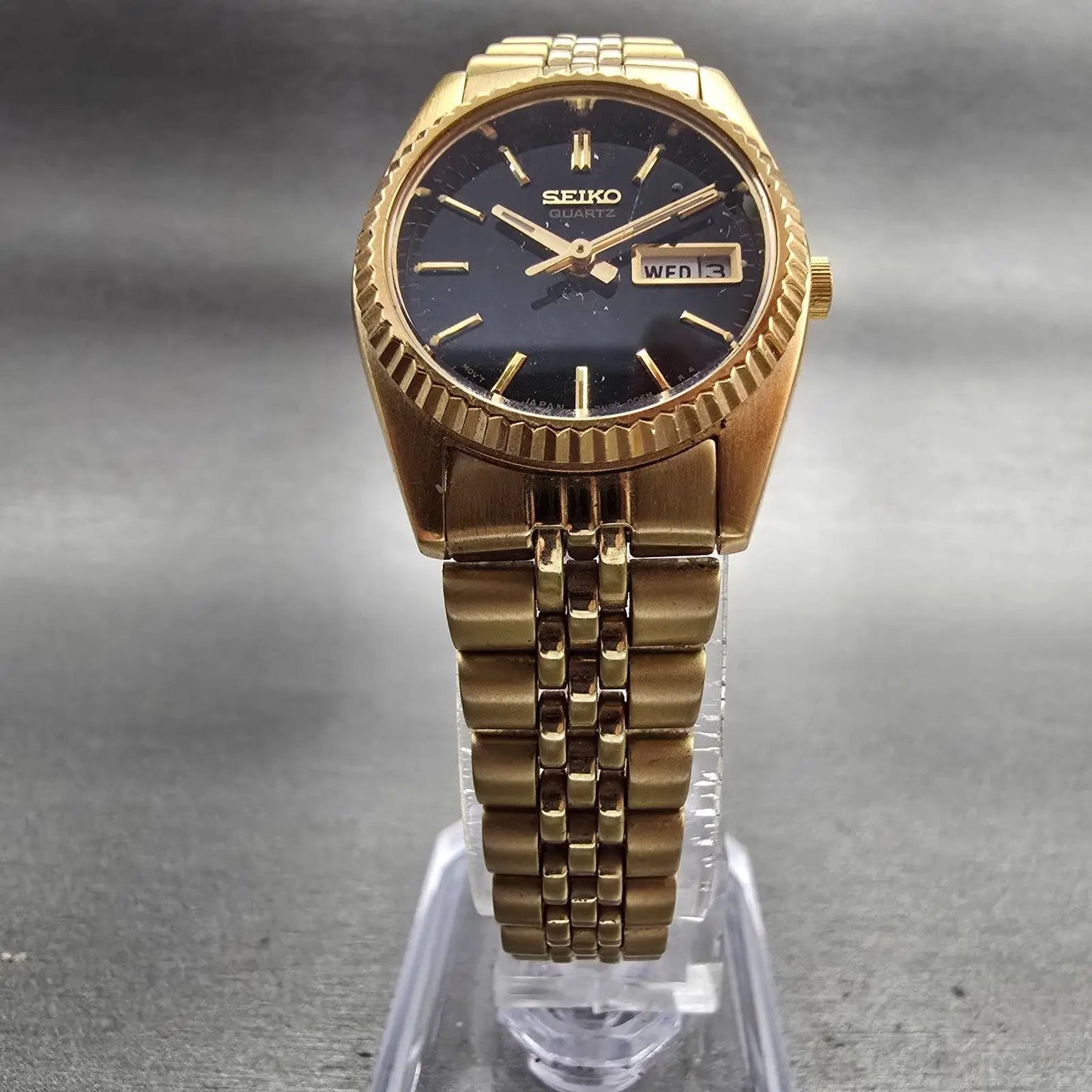 Seiko President Watch Women 24mm Black Dial Gold Tone Daydate 7N83-0041 New Batt5