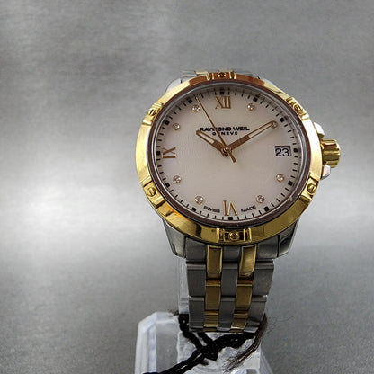 Raymond Weil 5960 Watch Women 30mm MOP Dial Two Tone Date Diamond Marker New Bat
