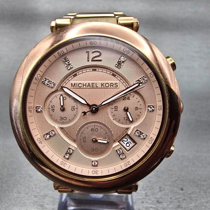 Michael Kors Parker Watch Women 39mm Pink Dial Rose Gold Chrono MK5277 New Batt1