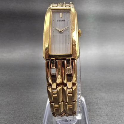 Seiko Watch Women 15mm White Dial Gold Tone Rectangle 4N00-7089 New Battery VTG5
