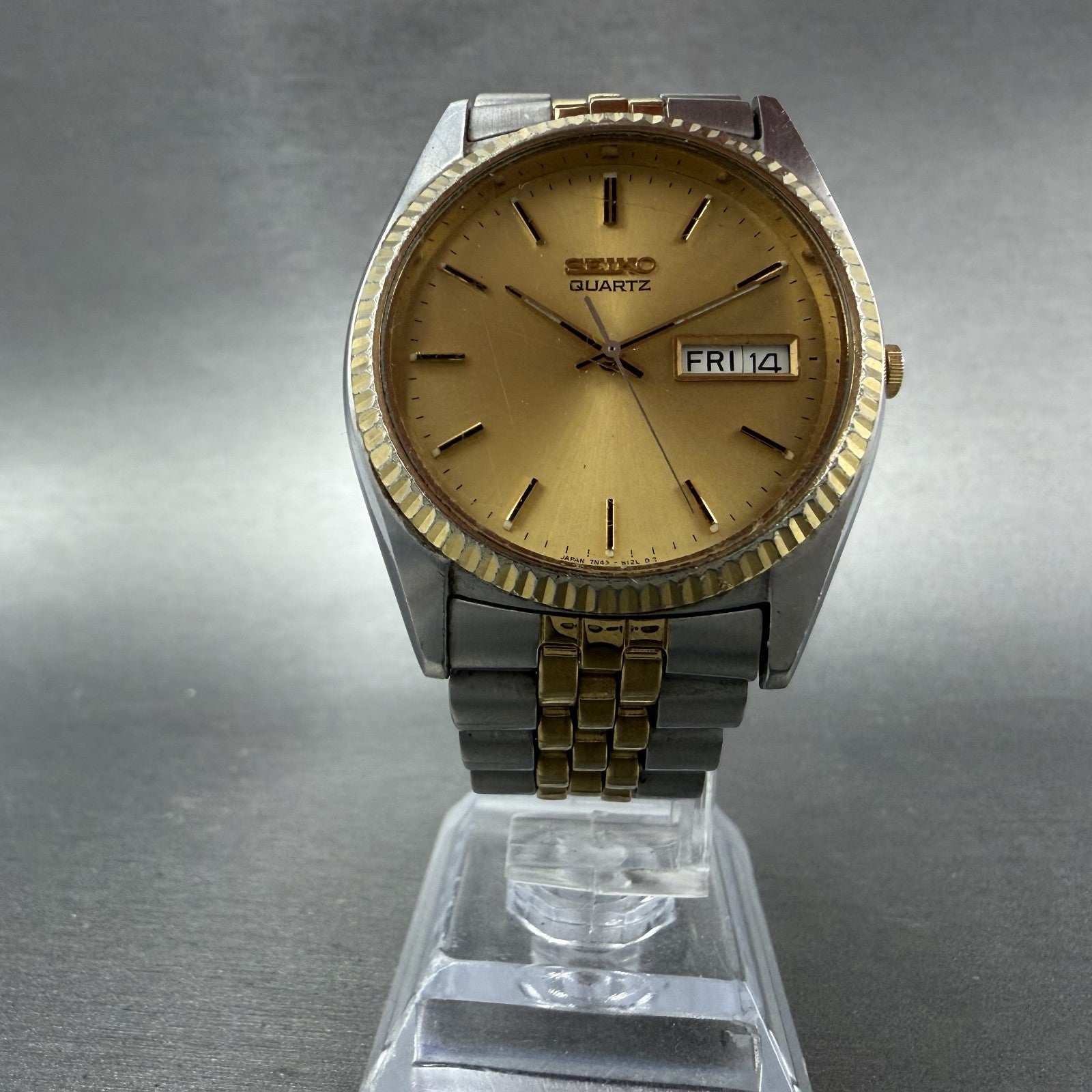 Seiko Presidential Watch 37mm Men Gold Dial Two Tone Daydate 7n43-8110 New Batt5