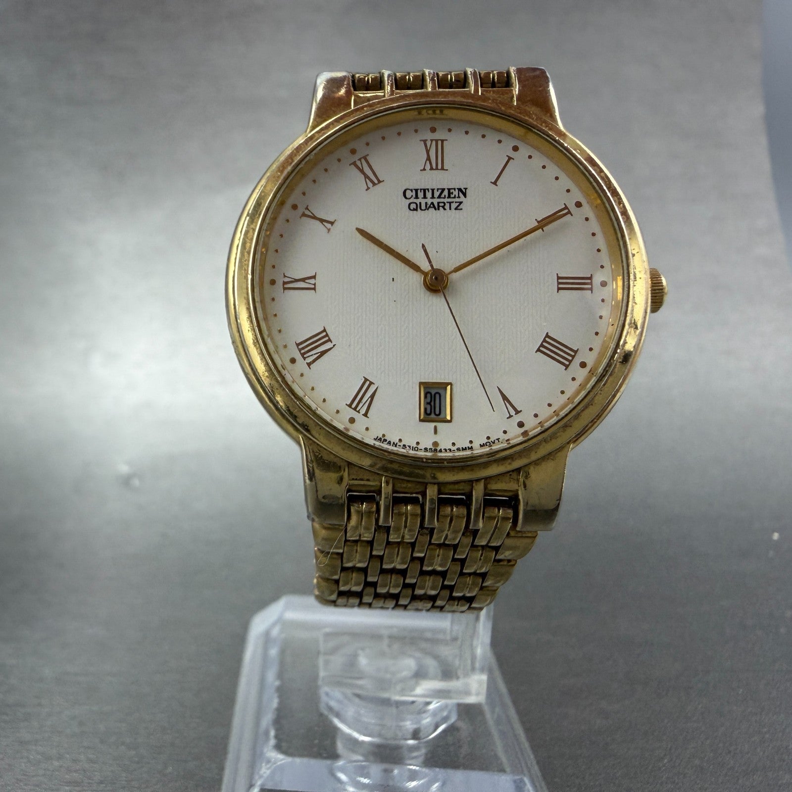 Citizen Watch Men 33mm White Dial Gold Tone Date 5510-S19546 New Battery VTG5