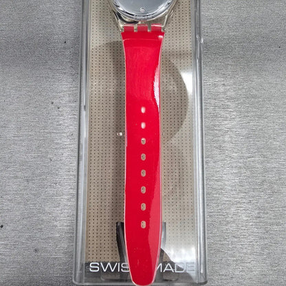 Swatch MoMA Red Watch Men 34mm Silver Dial Clear Case GZ406D New Battery NOS2
