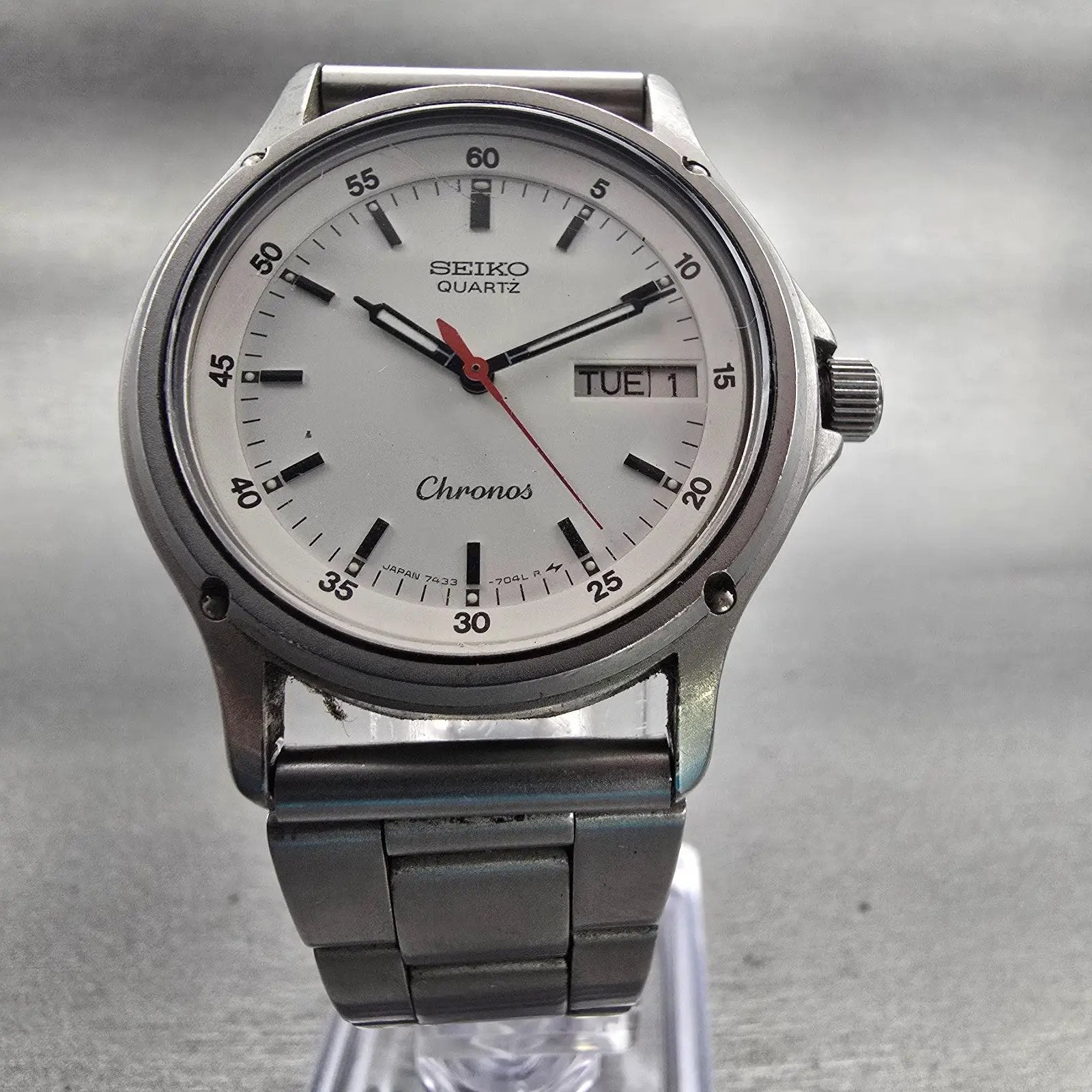 Seiko Chronos Watch Men 34mm White Dial Silver Tone Daydate 7433-7030 New Batt5