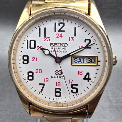 Seiko SQ Railroad Approved Watch Men 34mm White Dial Daydate 8223-8049 New BattK1