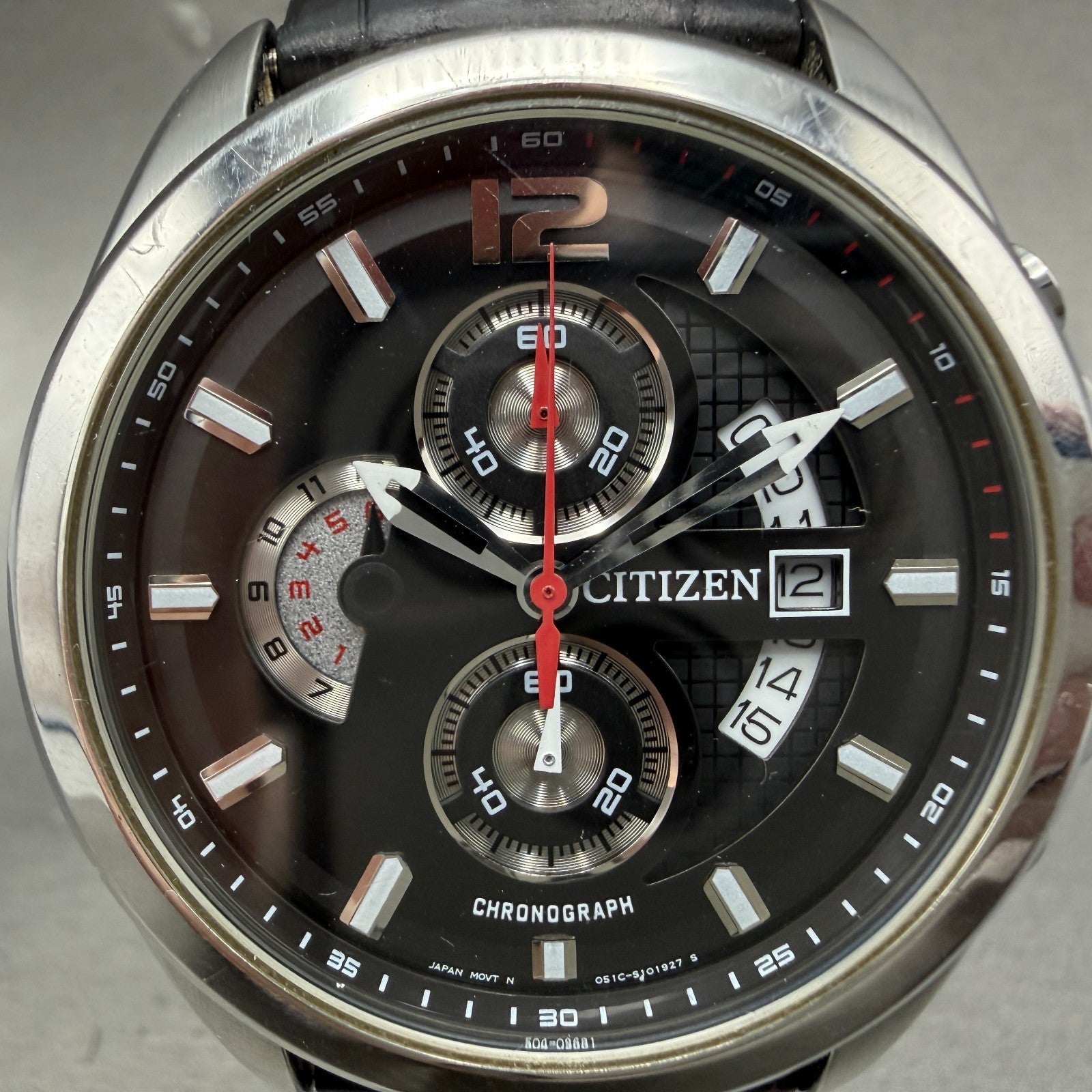 Citizen Chronograph Watch Men 43mm Black Dial Silver Tone Date Round New battery1