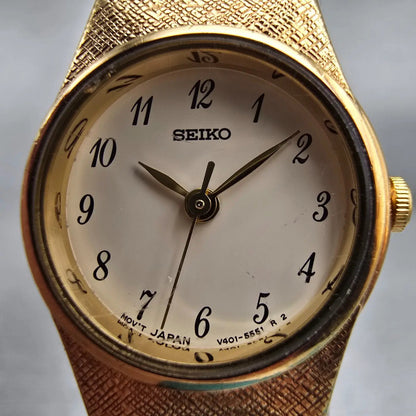 Seiko Watch Women 19mm Cream Dial Gold Tone Round V401-1819 New Battery Vintage1