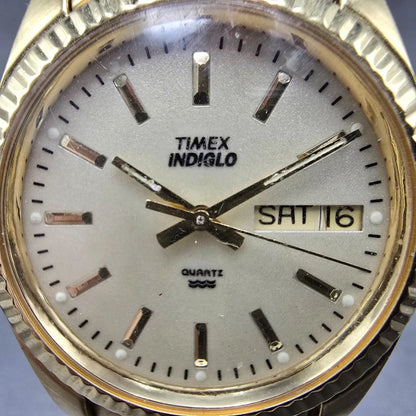 Timex President Watch Men 35mm Chamapgne Dial Gold Tone Daydate READ!!! New Batt2
