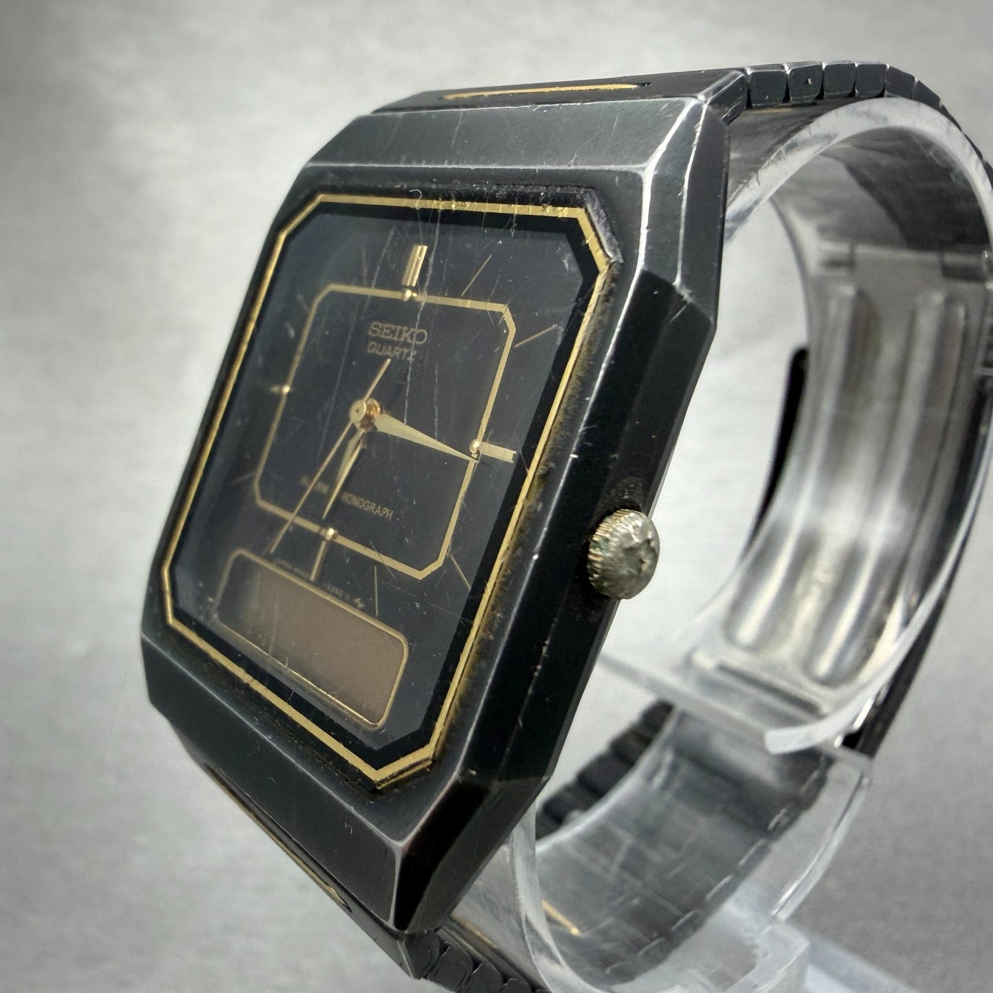 Seiko Analog Digital Watch Men 29mm Black Gold Alarm Chrono H449-5339 PARTS VTG3