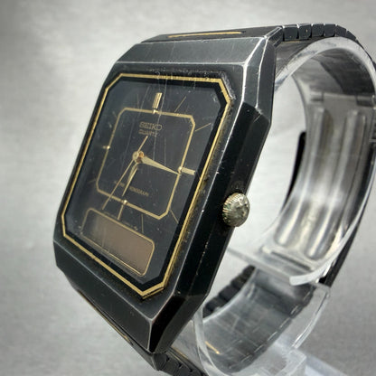 Seiko Analog Digital Watch Men 29mm Black Gold Alarm Chrono H449-5339 PARTS VTG3