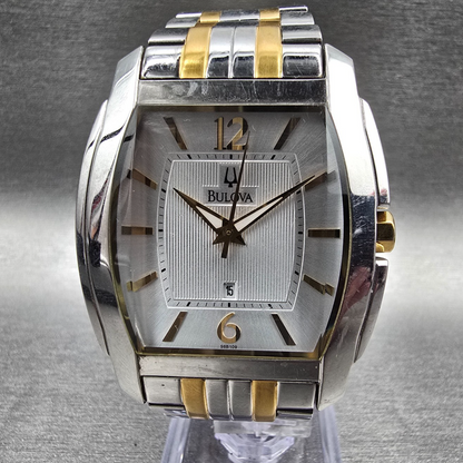 Bulova Tank Watch Men 38mm Silver Dial Two Tone Date Rectangle 98B109 New Batt0