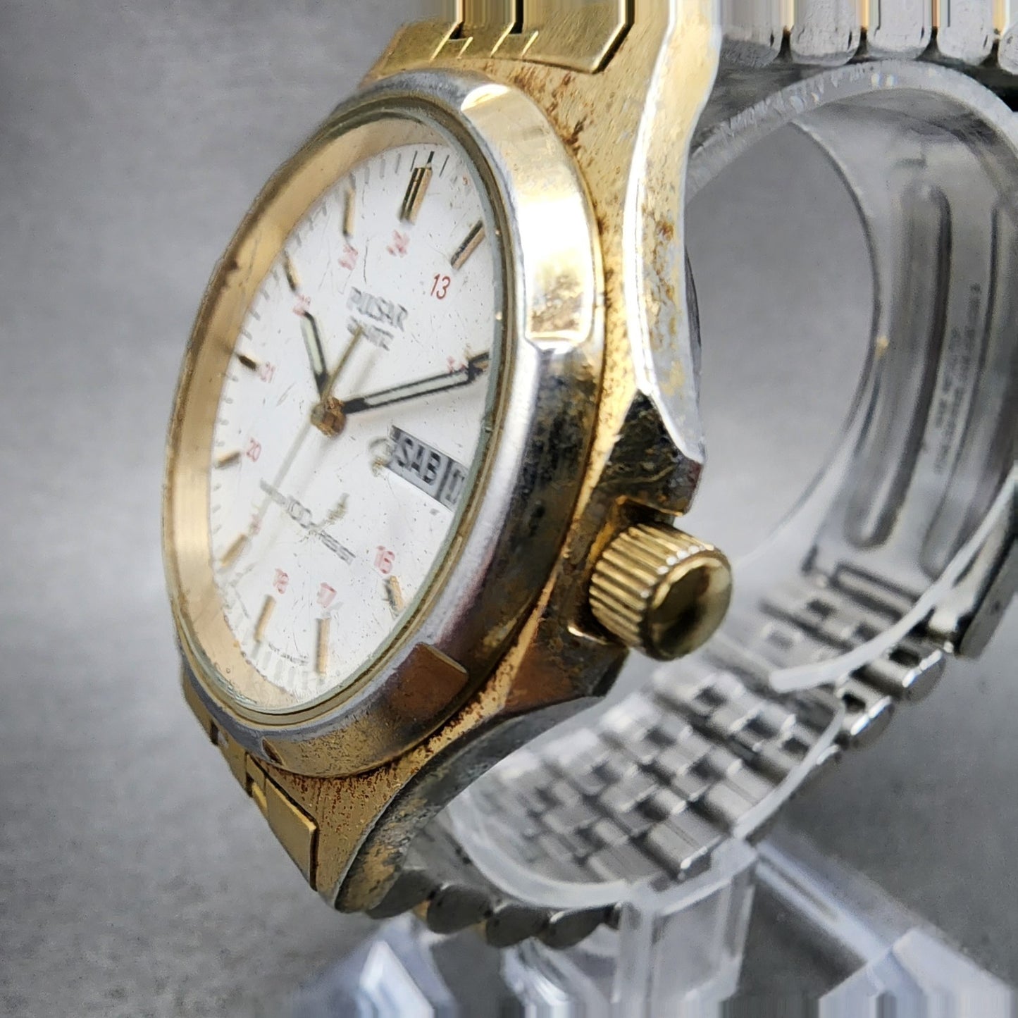 Pulsar Watch Men 37mm White Dial Gold Tone Daydate Round Y1487060 New Battery3