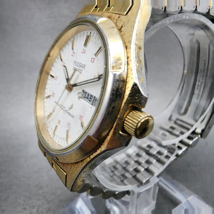 Pulsar Watch Men 37mm White Dial Gold Tone Daydate Round Y1487060 New Battery3