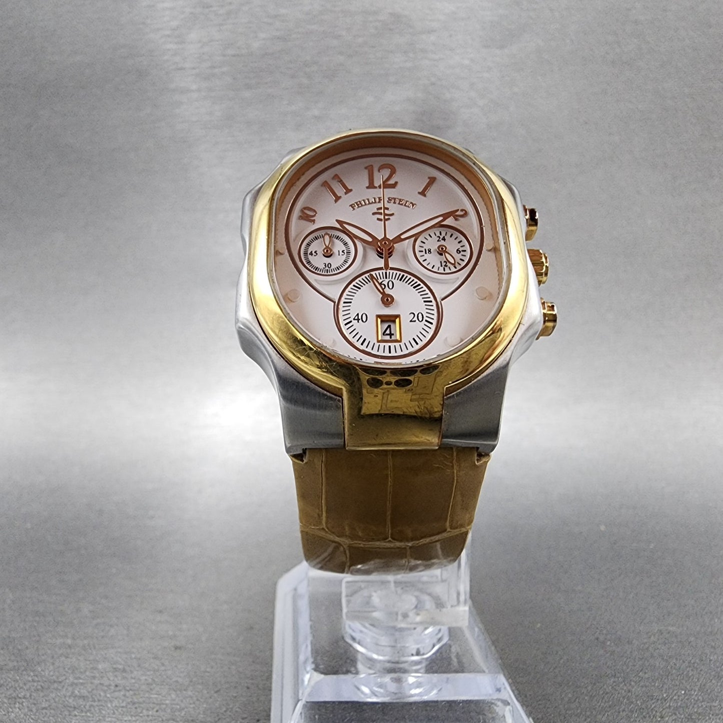 Philip Stein Signature Chronograph Watch Women 32mm White Dial Two Tone New Batt5