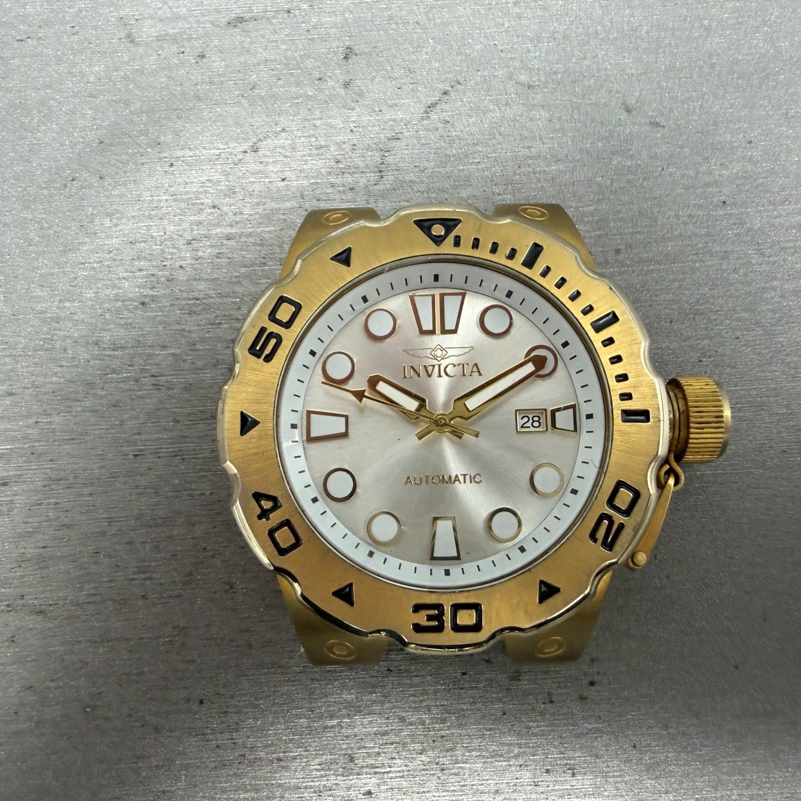 Invicta Pro Diver Automatic Watch Men 49mm White Dial Gold Tone Date Round 235070