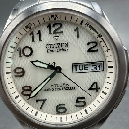 Citizen Eco-Drive Attesa Watch Men 37mm Cream Dial Titanium Atomic Daydate READ!2