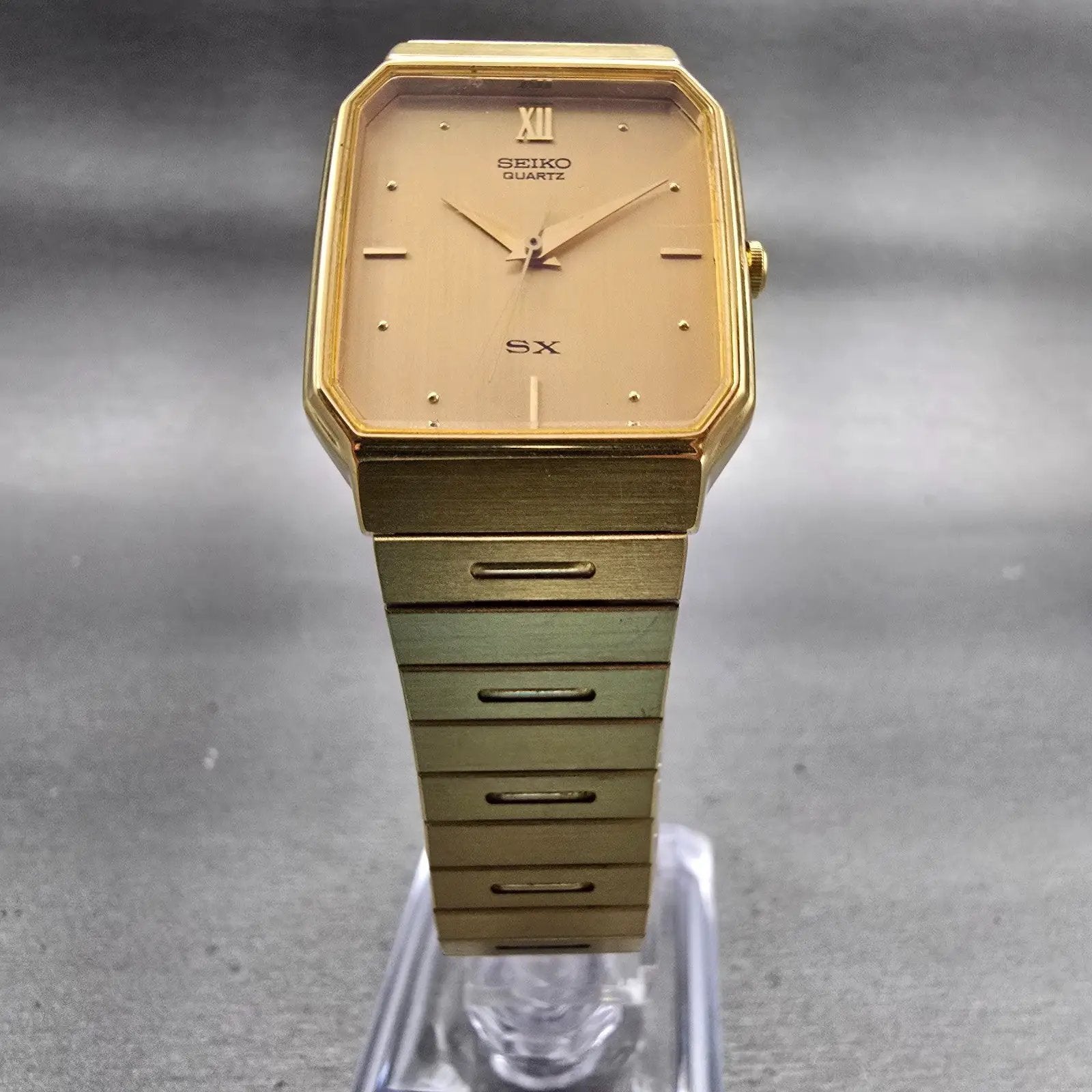 Seiko SX Watch Men 27mm Gold Dial Gold Tone Rectangle 5Y95-5020 New Battery VTG5