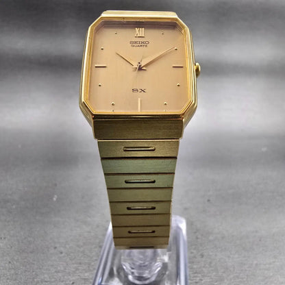 Seiko SX Watch Men 27mm Gold Dial Gold Tone Rectangle 5Y95-5020 New Battery VTG5