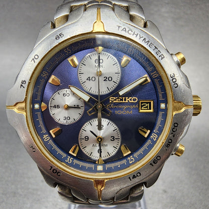Seiko Chronograph Watch Men 38mm Blue Dial Two Tone Date 7t62-0ch0 New Battery