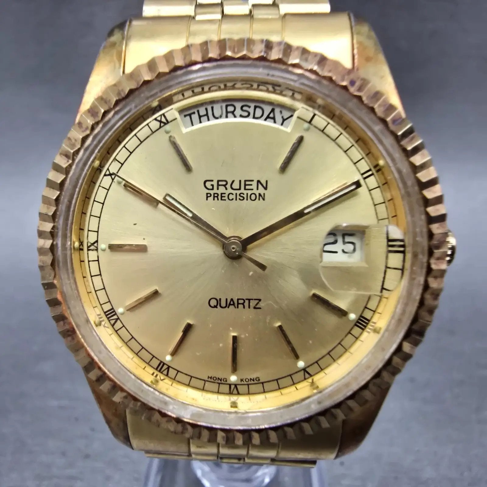 Gruen President Watch Men 36mm Champagne Dial Gold Tone Daydate Round PARTS VTG0