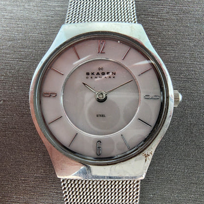 Skagen Steel Watch Women 24mm MOP Dial Stainless Steel Round Mesh band READ Runs1