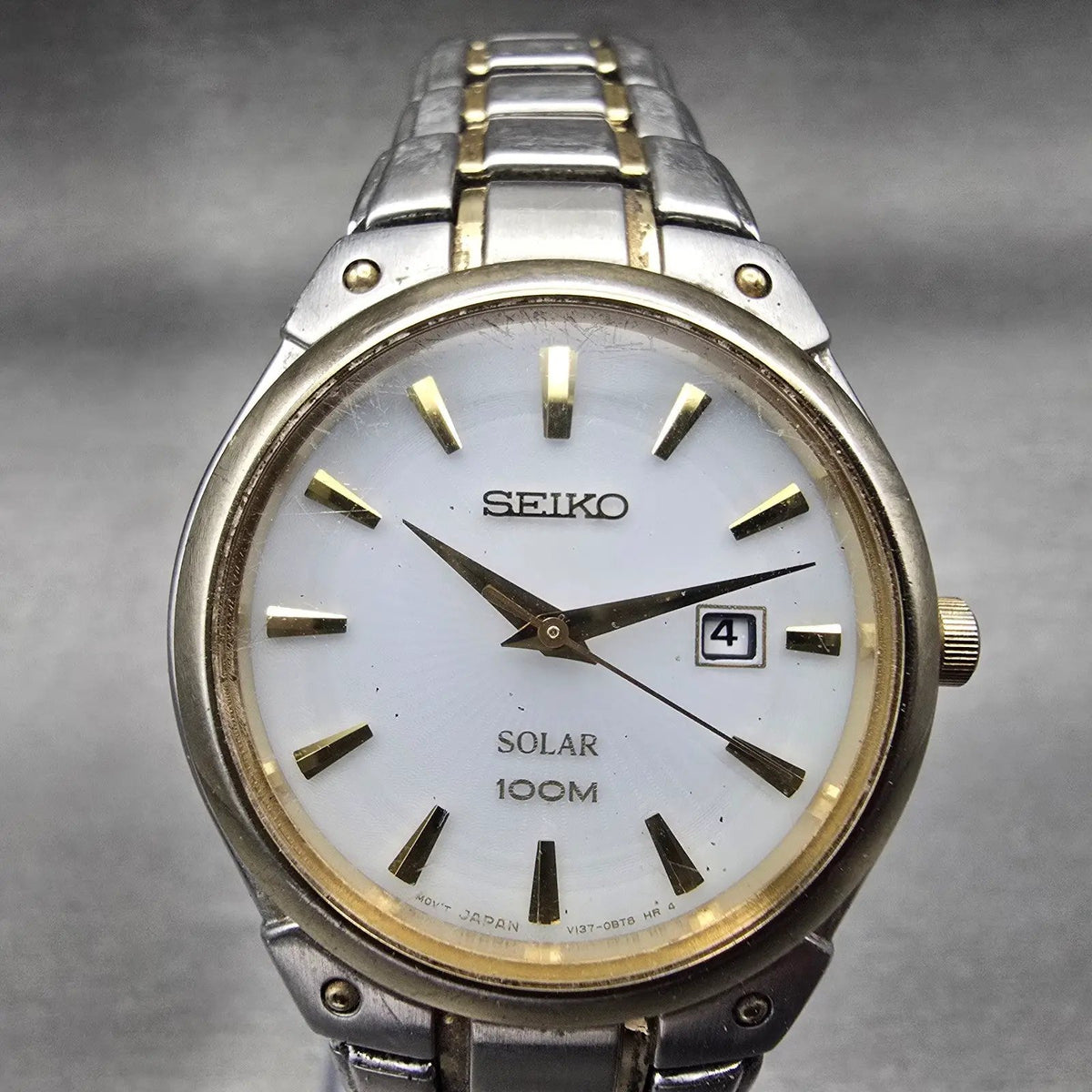Seiko Solar Watch Women 30mm White Dial Two Tone Date Round V137-0AX0 Works 1231