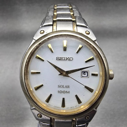 Seiko Solar Watch Women 30mm White Dial Two Tone Date Round V137-0AX0 Works 1231