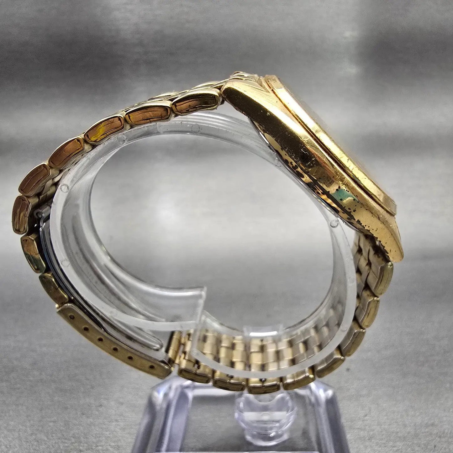 Seiko Watch Men 37mm Gold Dial Gold Tone Daydate Round 7N43-9048 New Battery VTG8