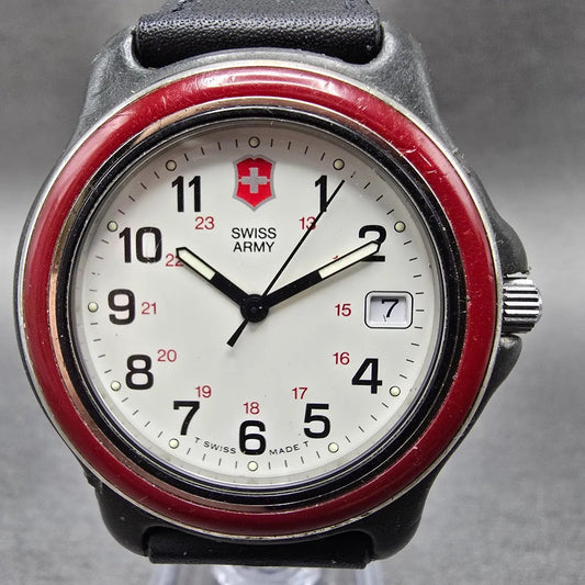 Victorinox Swiss Army Watch Men 39mm White Dial Black Red Date New Battery0