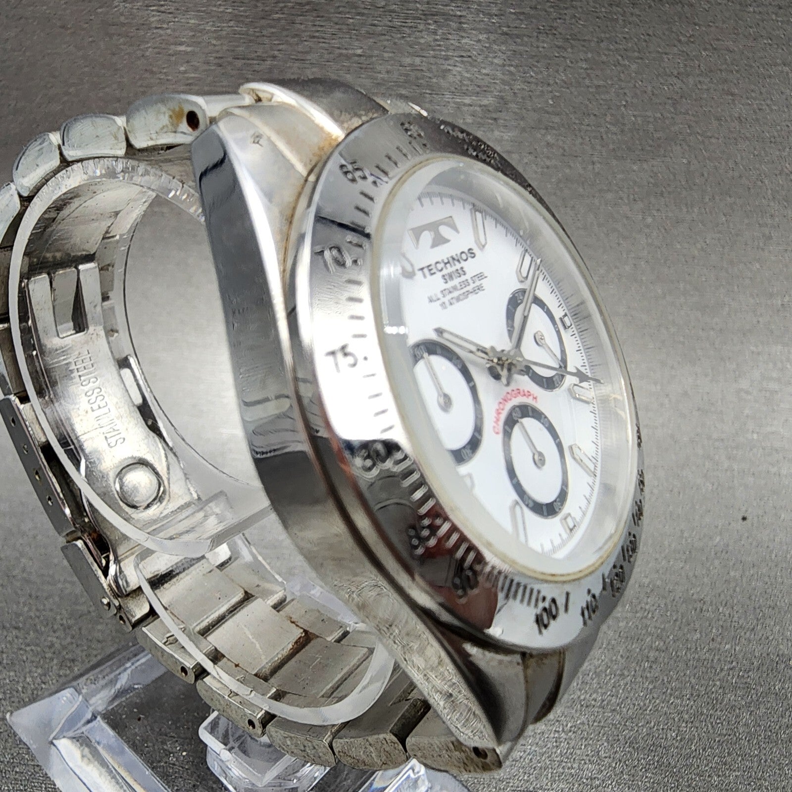 Technos Chronograph Watch Men 39mm White Dial Steel Round TGM615 New Battery3