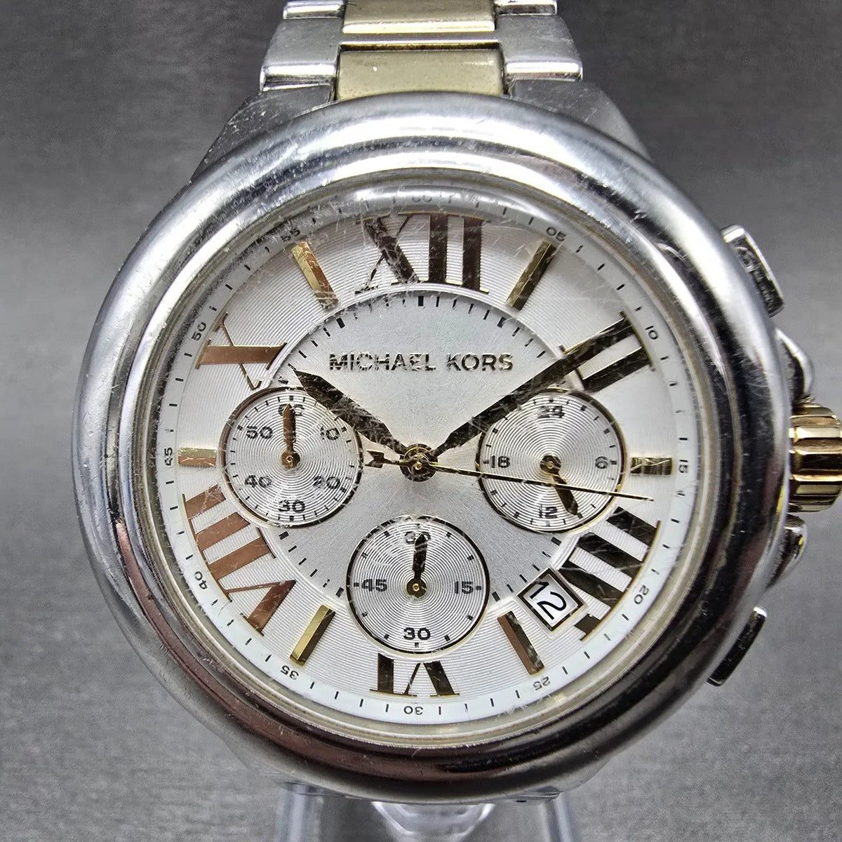Michael Kors Camile Chrono Watch Women 43mm White Dial Two Tone Date MK-5653 ABC0