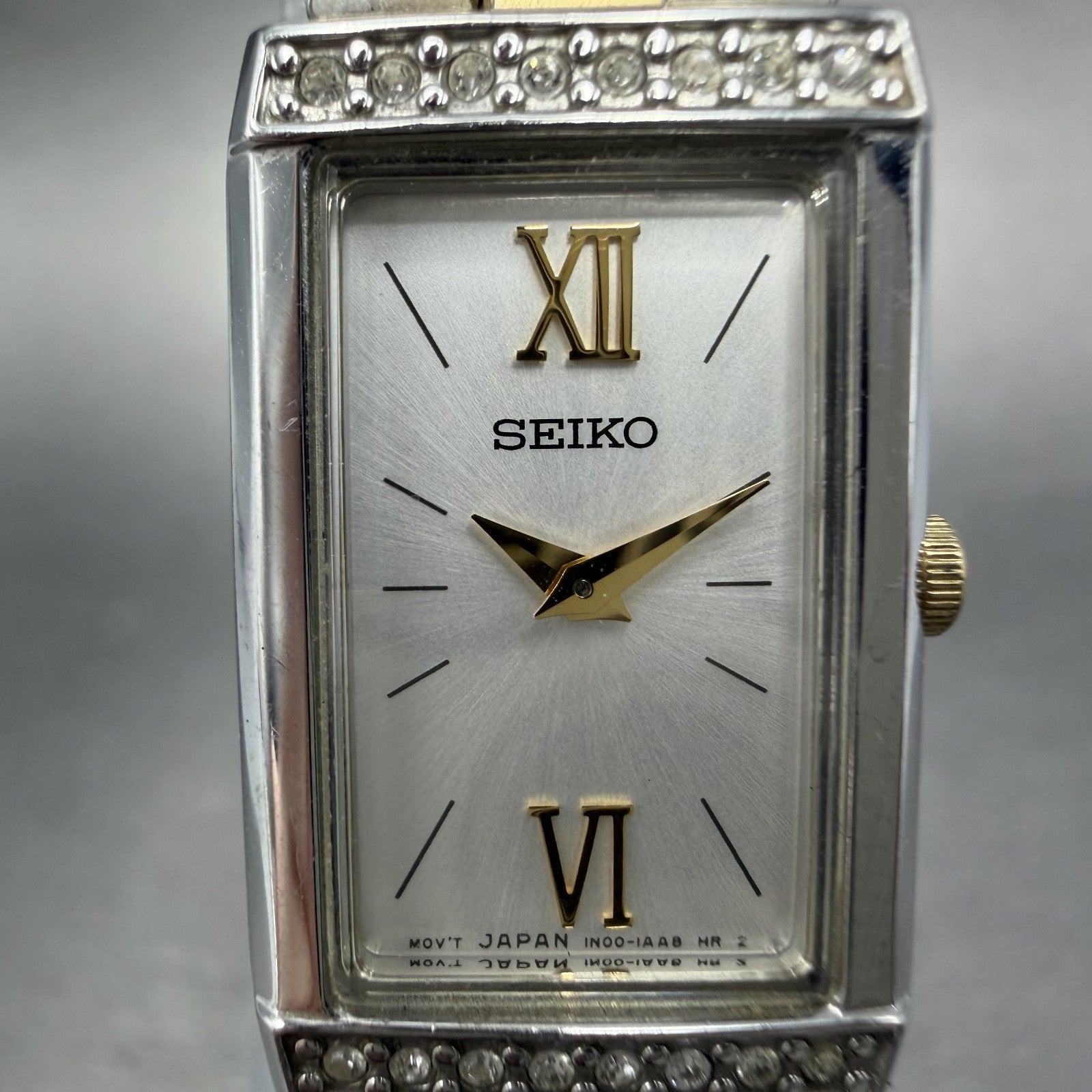 Seiko Tank Watch Women 16mm Silver Dial Two Tone Rectangle 1N00-0SG0 New Battery1