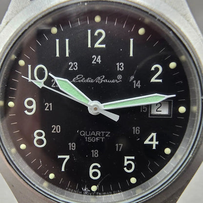 Eddie Bauer Watch Men 34mm Black Dial Silver Tone Date Round Leather New battery1