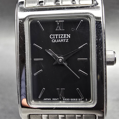 Citizen Tank Watch Women 18mm Black Dial Silver Rectangle 5930-S038588 New Batt51