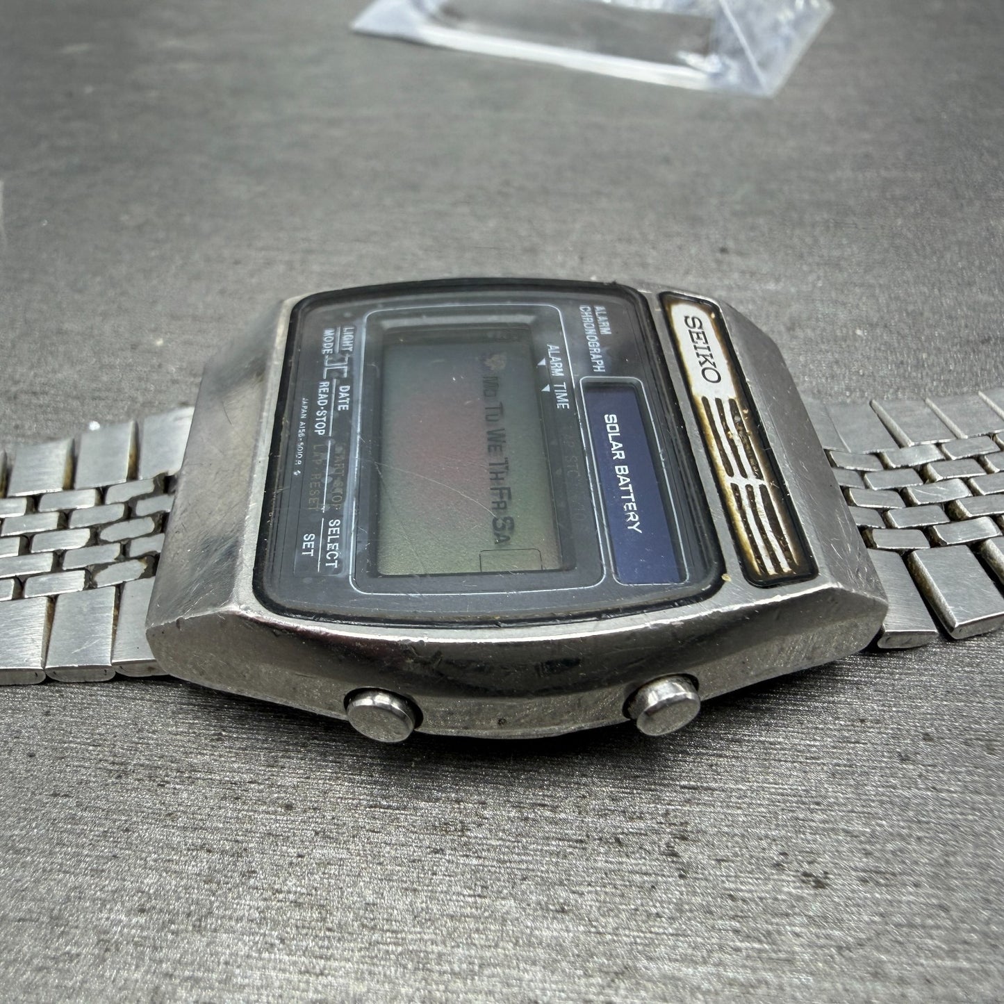 Seiko Digital Watch Men 34mm LCD Alarm Chrono Solar Silver Tone A156-5029 PARTS4