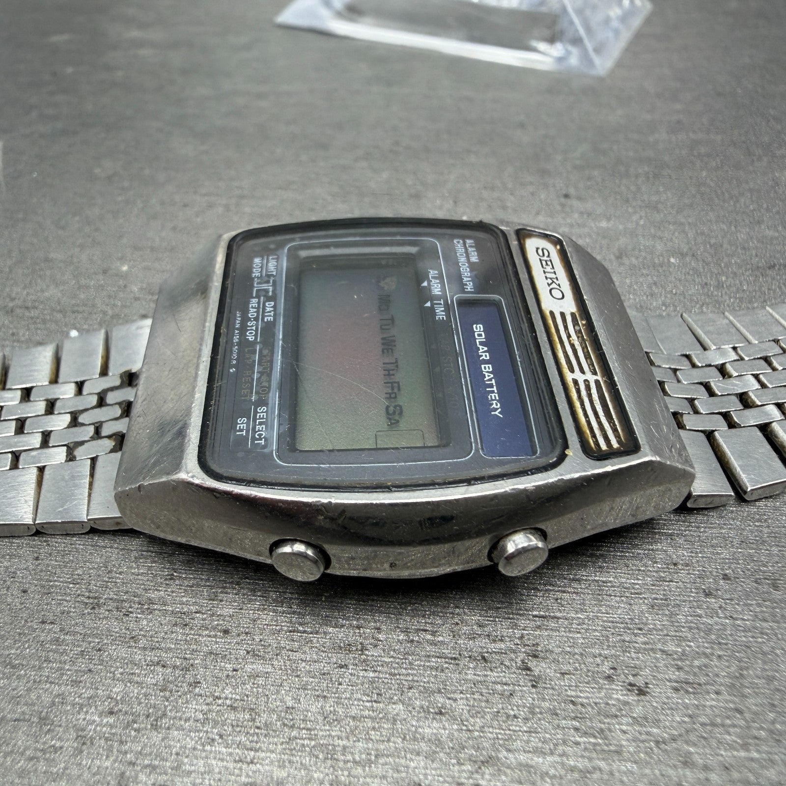 Seiko Digital Watch Men 34mm LCD Alarm Chrono Solar Silver Tone A156-5029 PARTS4