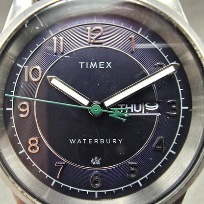 Timex Waterbury Traditional Watch Men 39mm Blue Dial Steel Daydate New Battery1