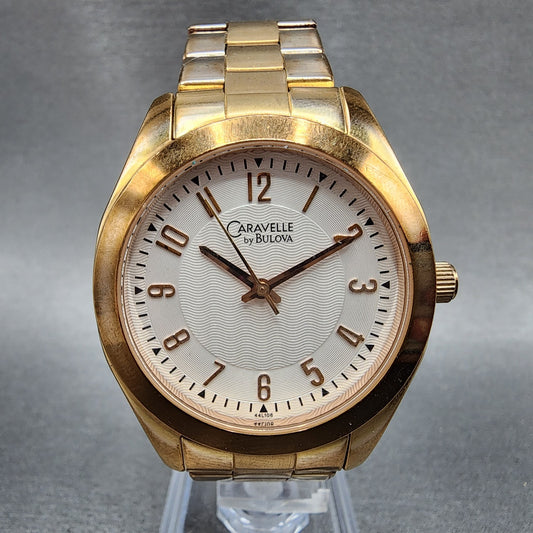 Bulova Caravelle Watch Women 36mm White Dial Rose Gold Tone Round New Battery0