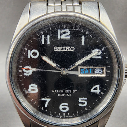 Seiko Watch Men 35mm Black Dial Silver Tone Daydate Round 7n438329 New Battery1