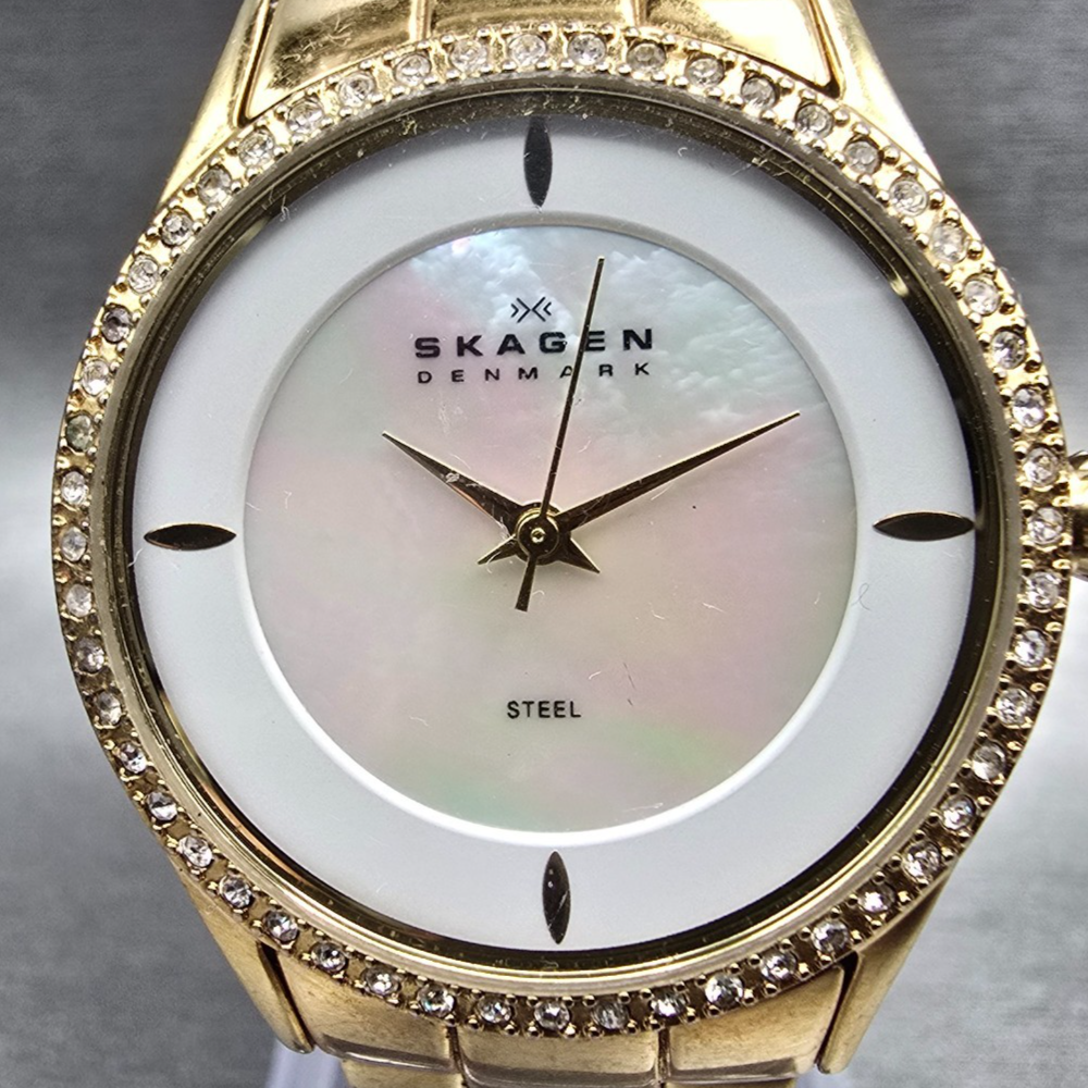 Skagen Watch Women 30mm MOP Dial Gold Tone Gemmed Round 347SGXG New Battery1