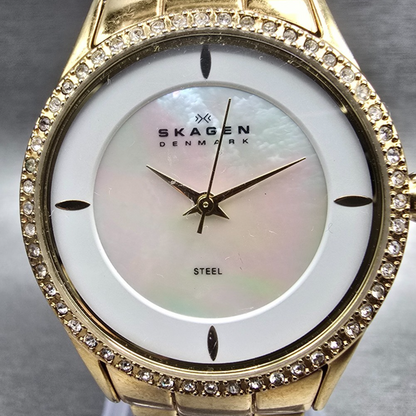 Skagen Watch Women 30mm MOP Dial Gold Tone Gemmed Round 347SGXG New Battery1