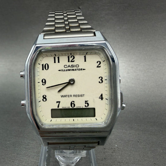 Casio Illuminator AQ-232 Watch Men 31mm Cream Dial Silver Analog Digital PARTS0