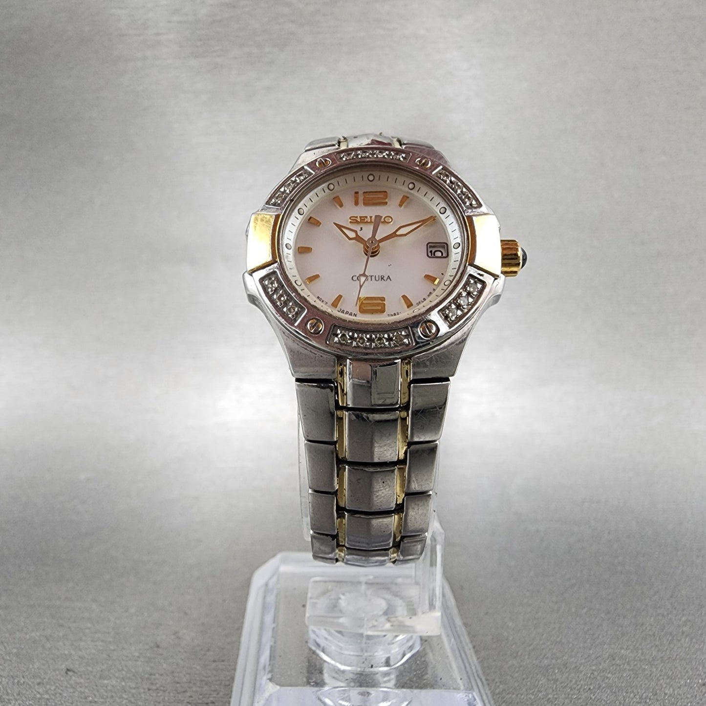 Seiko Watch Women 27mm MOP Dial Two To Date Round Diamonds 7n820CG0 New Batt6