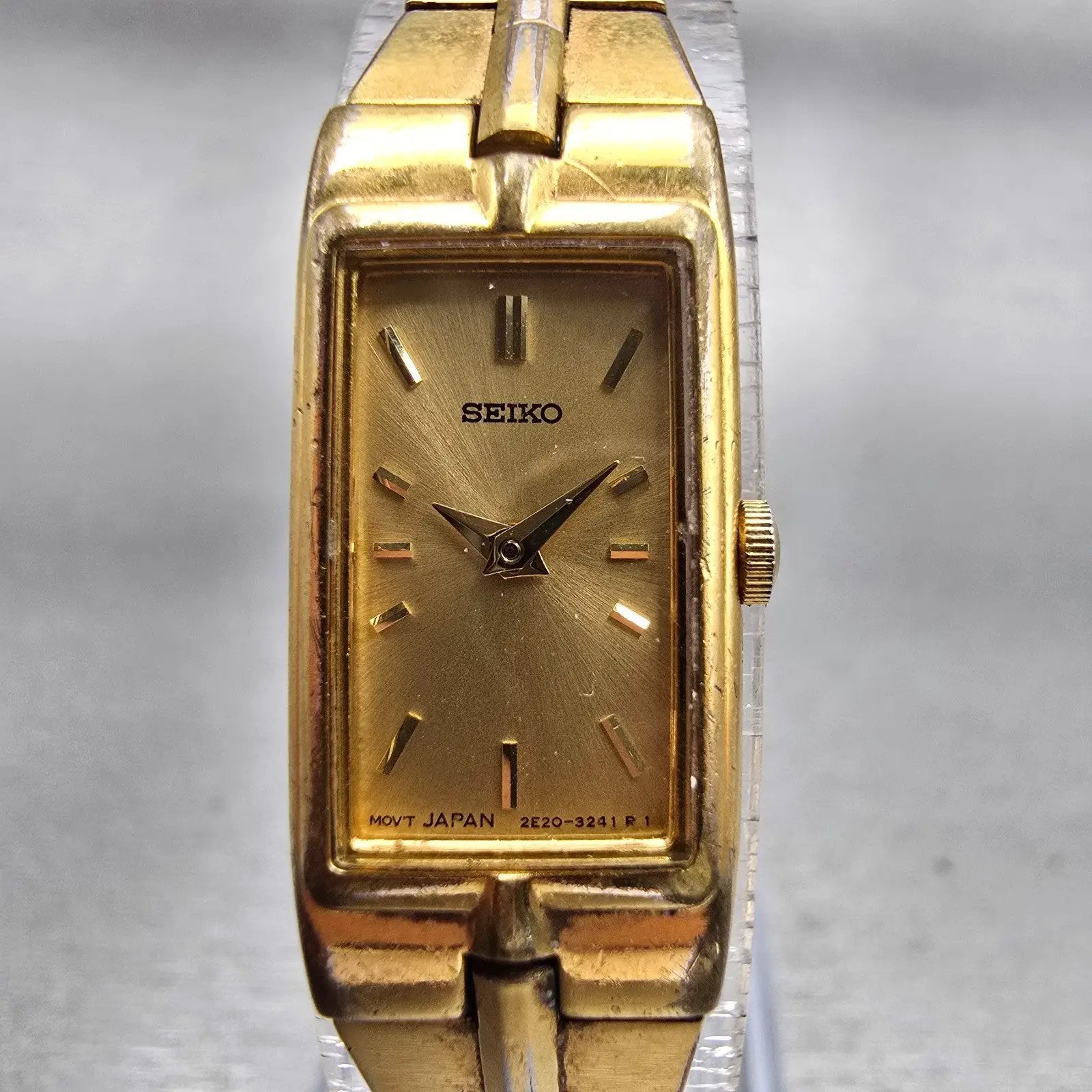 Seiko Watch Women 13mm Gold Dial Gold Tone Rectangle 2E20-7479 New Battery VTG1