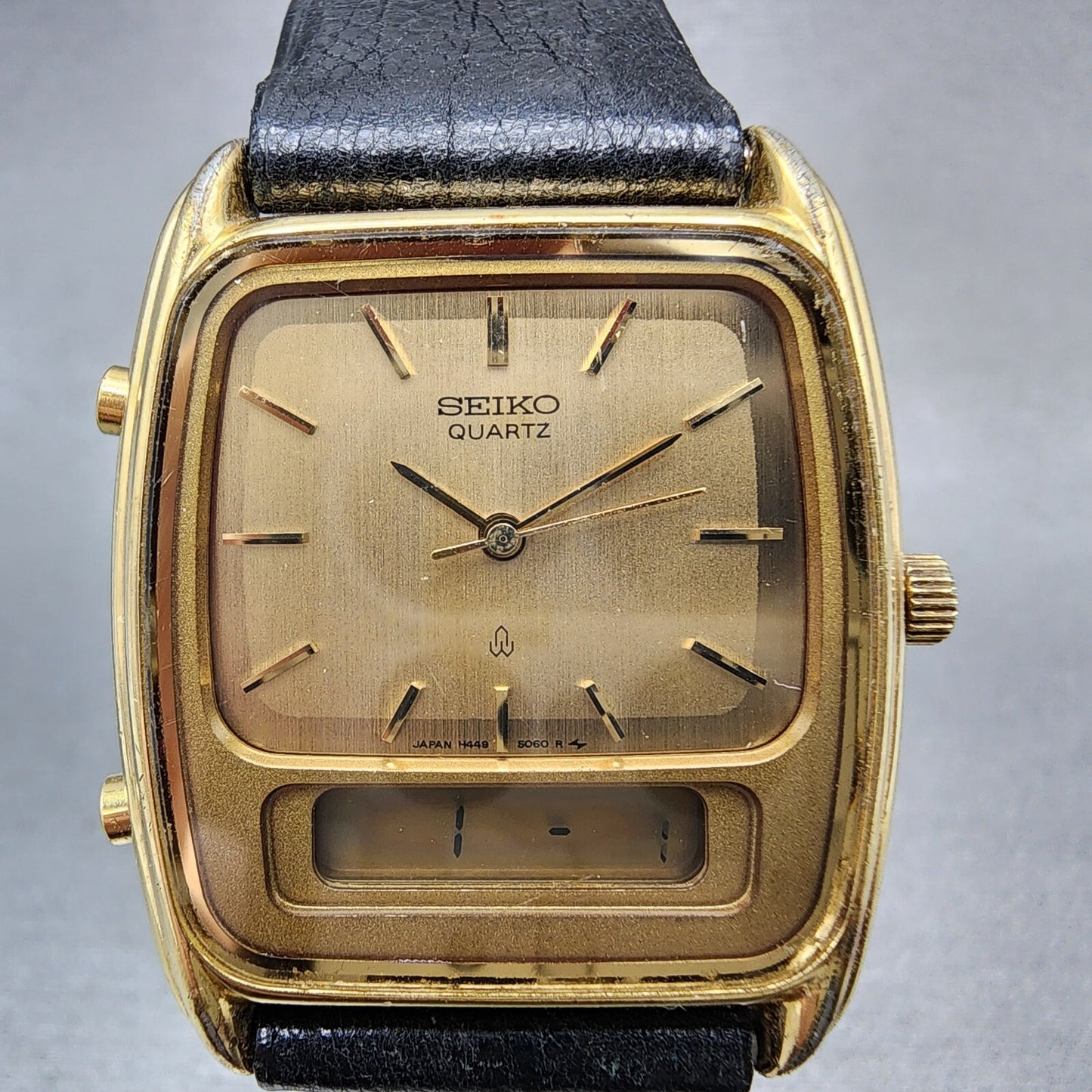 Seiko analog Digital Watch Men 30mm Champagne Dial Gold Tone H449-5060 New Batt