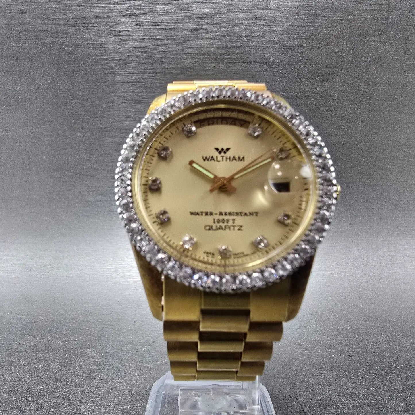 Waltham President Watch Men 36mm Gold Dial Gold Tone Daydate Round New Battery6